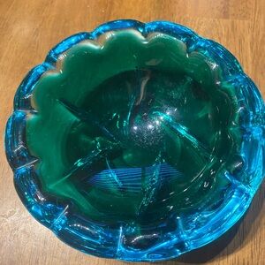 Vintage MCM Murano Art glass bowl often used as ashtray or candy dish.Teal green